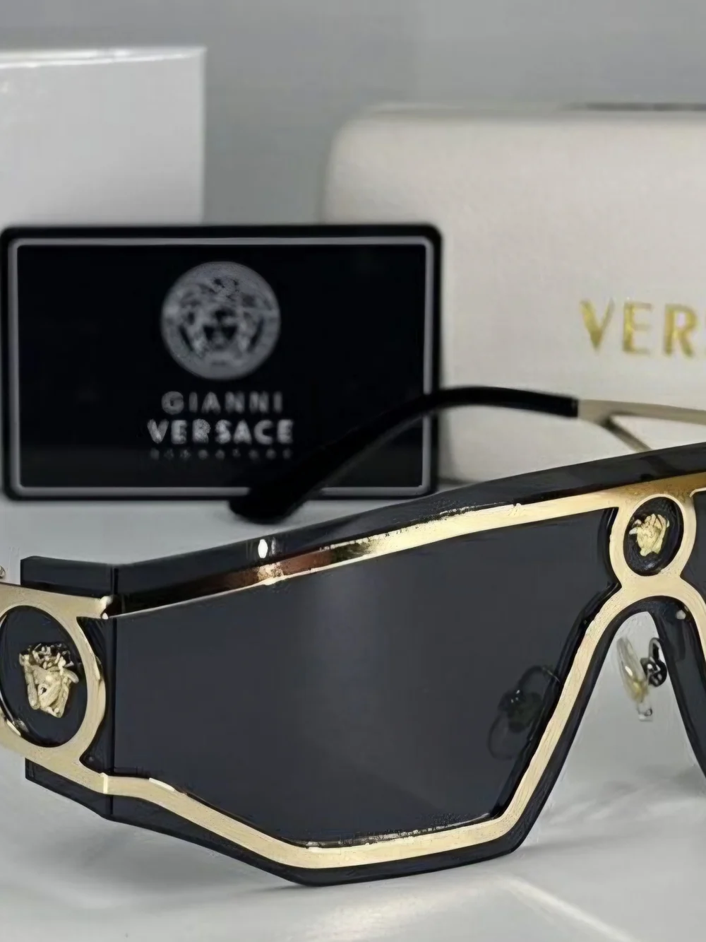 Men's Black Shield Sunglasses with Gold Trim